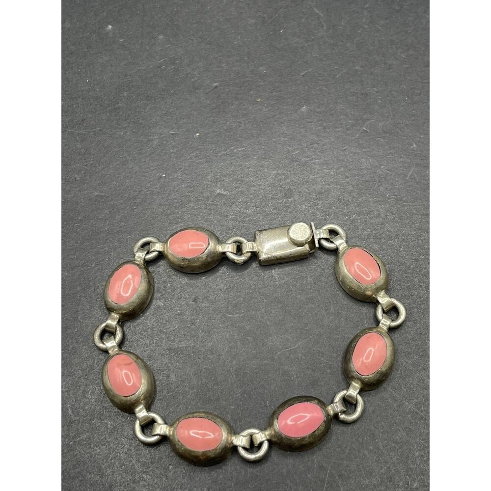 925 Sterling Silver Pink Stone Oval Link Bracelet Vintage Jewelry Piece - Picture 4 of 10
